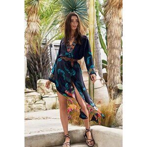 Johnny Was Heron Long Reversible Kimono Silk Bird Embroidery Black Yellow NEW